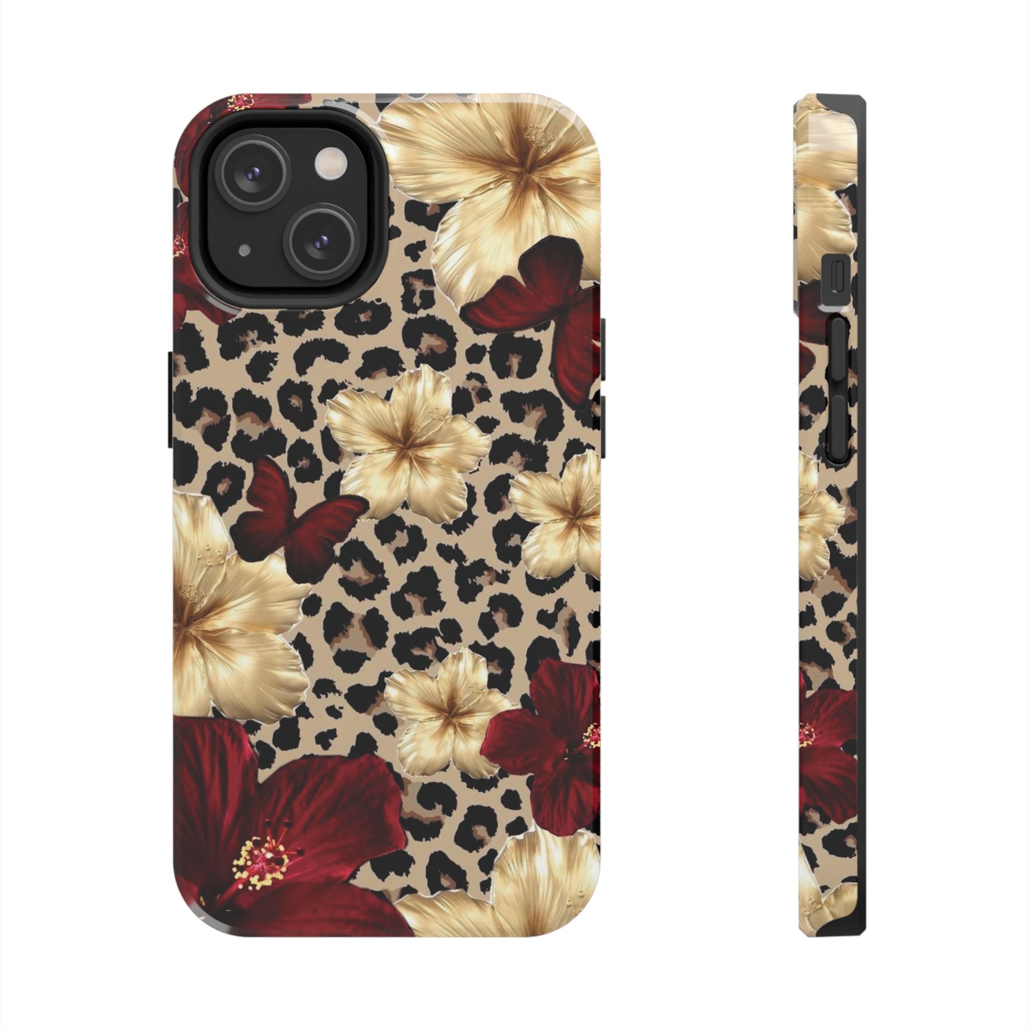 Floral Leopard Tough Phone Case — Red & Gold Hibiscus Protective Phone Cover
