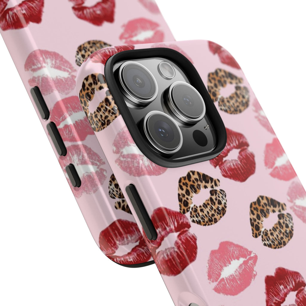 Kiss Print Tough Phone Case — Pink Leopard Lip Pattern, Durable Protective Cover