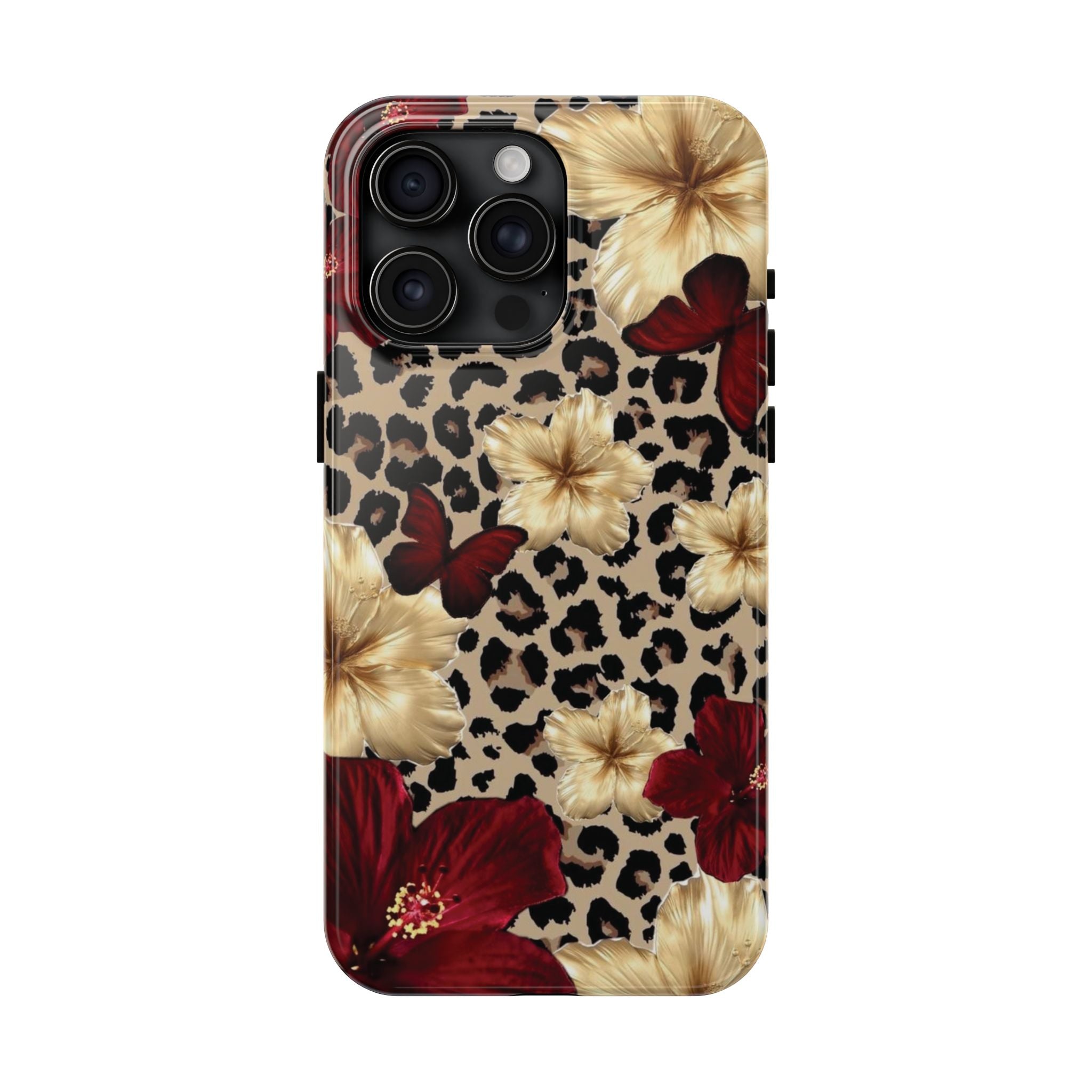 Floral Leopard Tough Phone Case — Red & Gold Hibiscus Protective Phone Cover