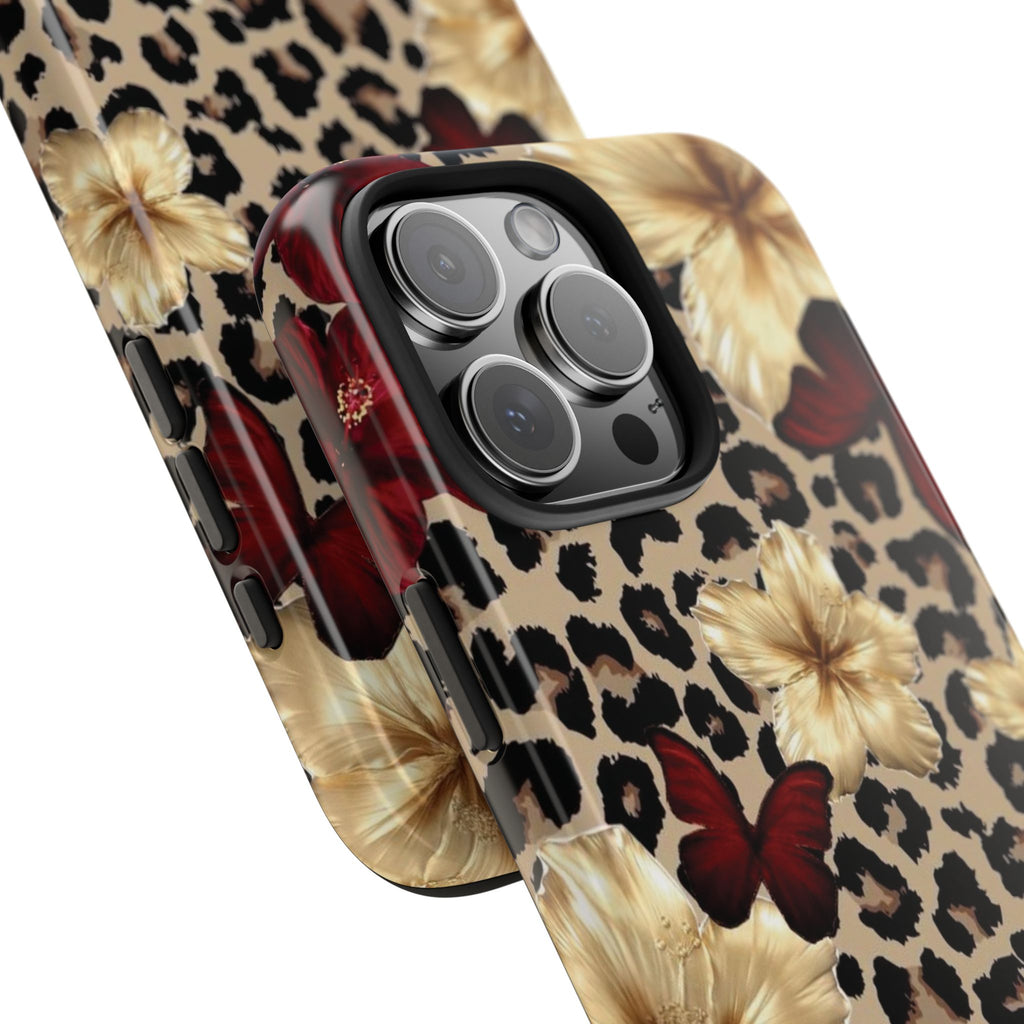 Floral Leopard Tough Phone Case — Red & Gold Hibiscus Protective Phone Cover