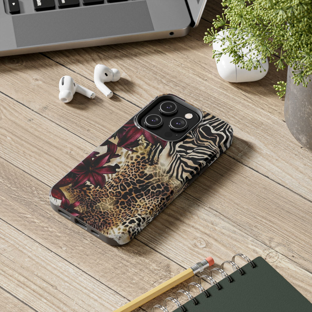 Leopard & Zebra Floral Tough Phone Case — Protective Animal Print Phone Cover